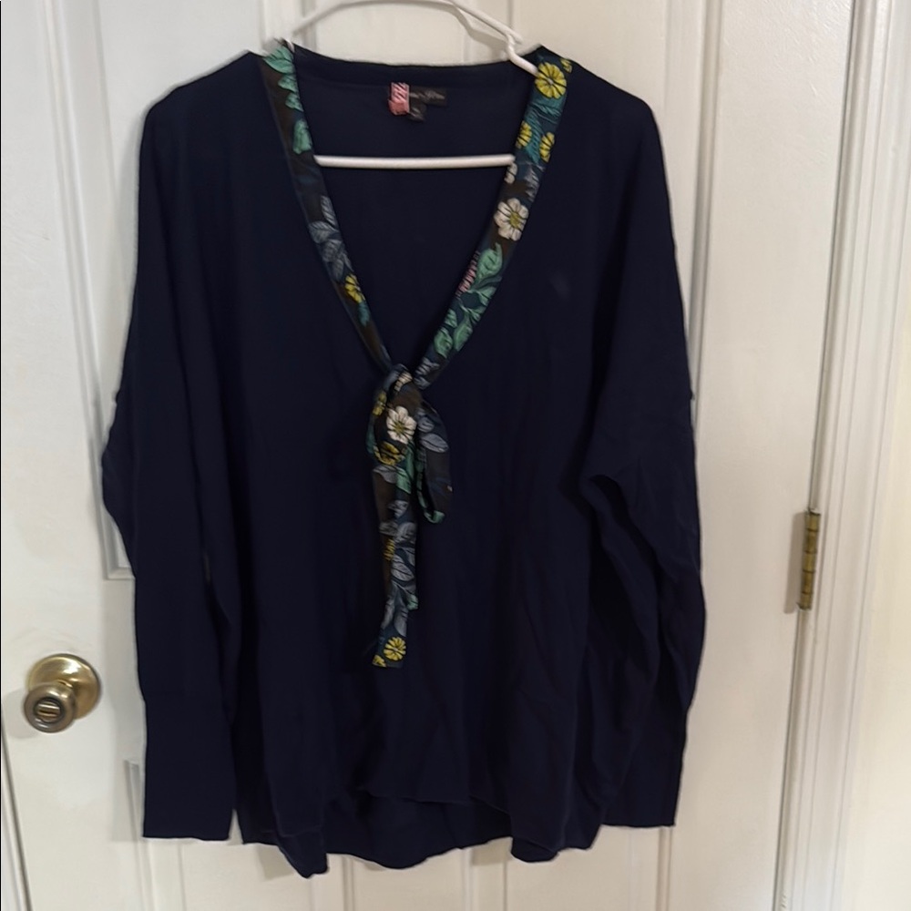 J. Crew Navy V-Neck Sweater with Floral Trim
